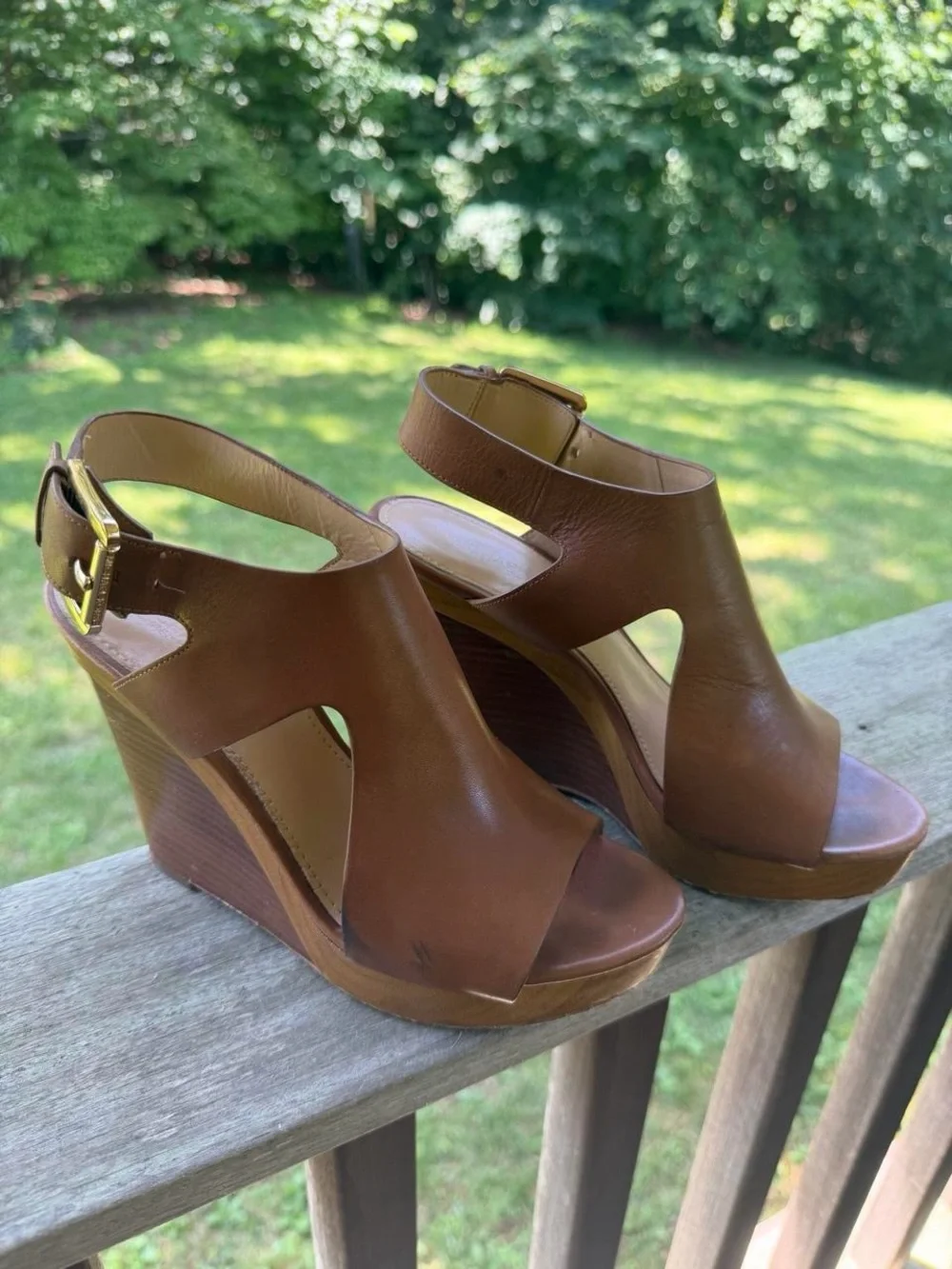 Michael Kors Tan Leather Cutout Wedge Sandals